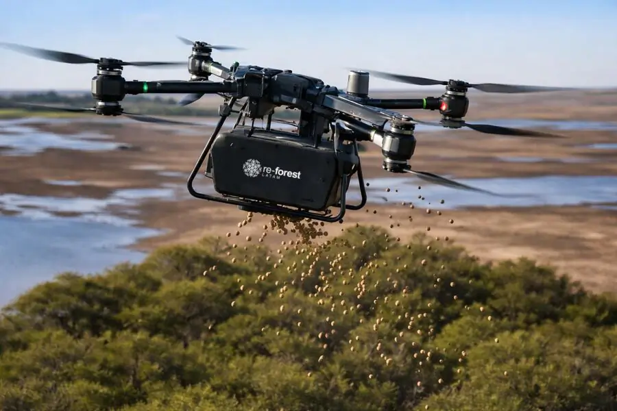 Dron de re-forest LATAM dispersando semillas sobre la vegetación