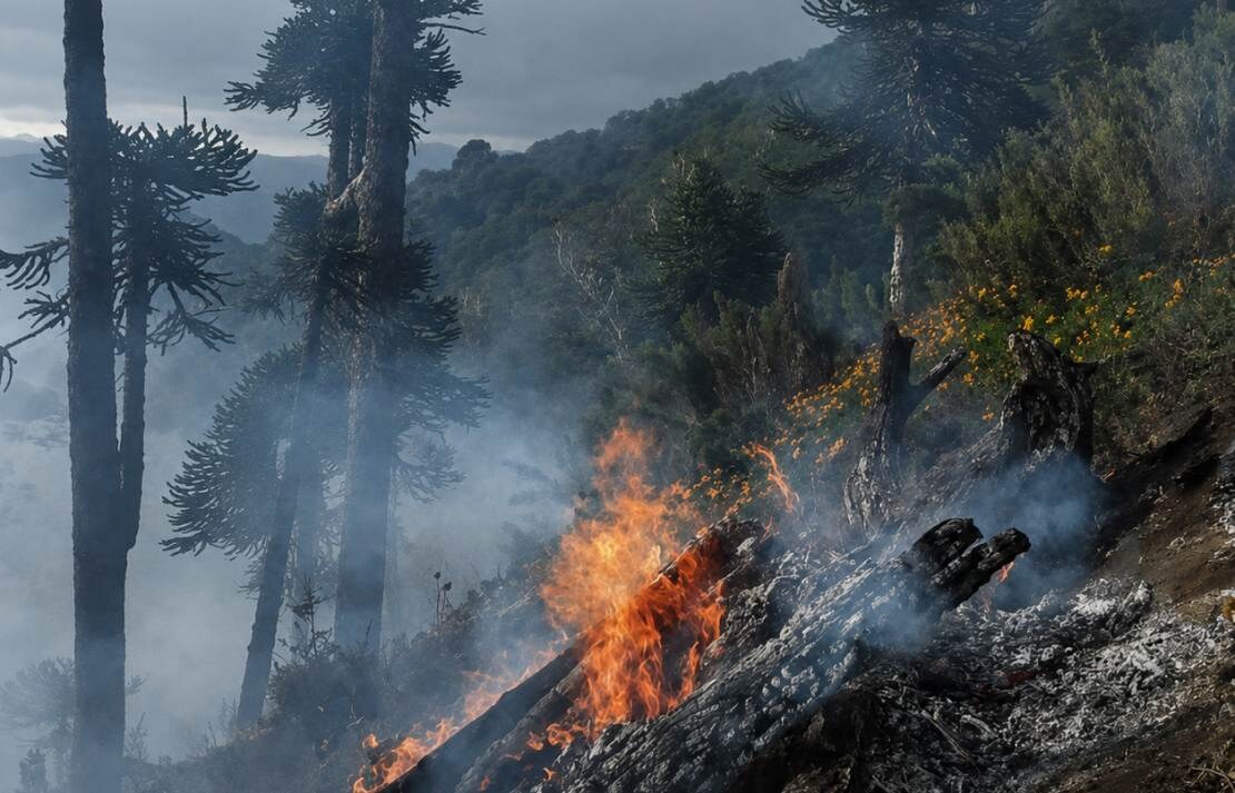 Incendio avanzando sobre un bosque de araucarias en el área del lago Ñorquinco
